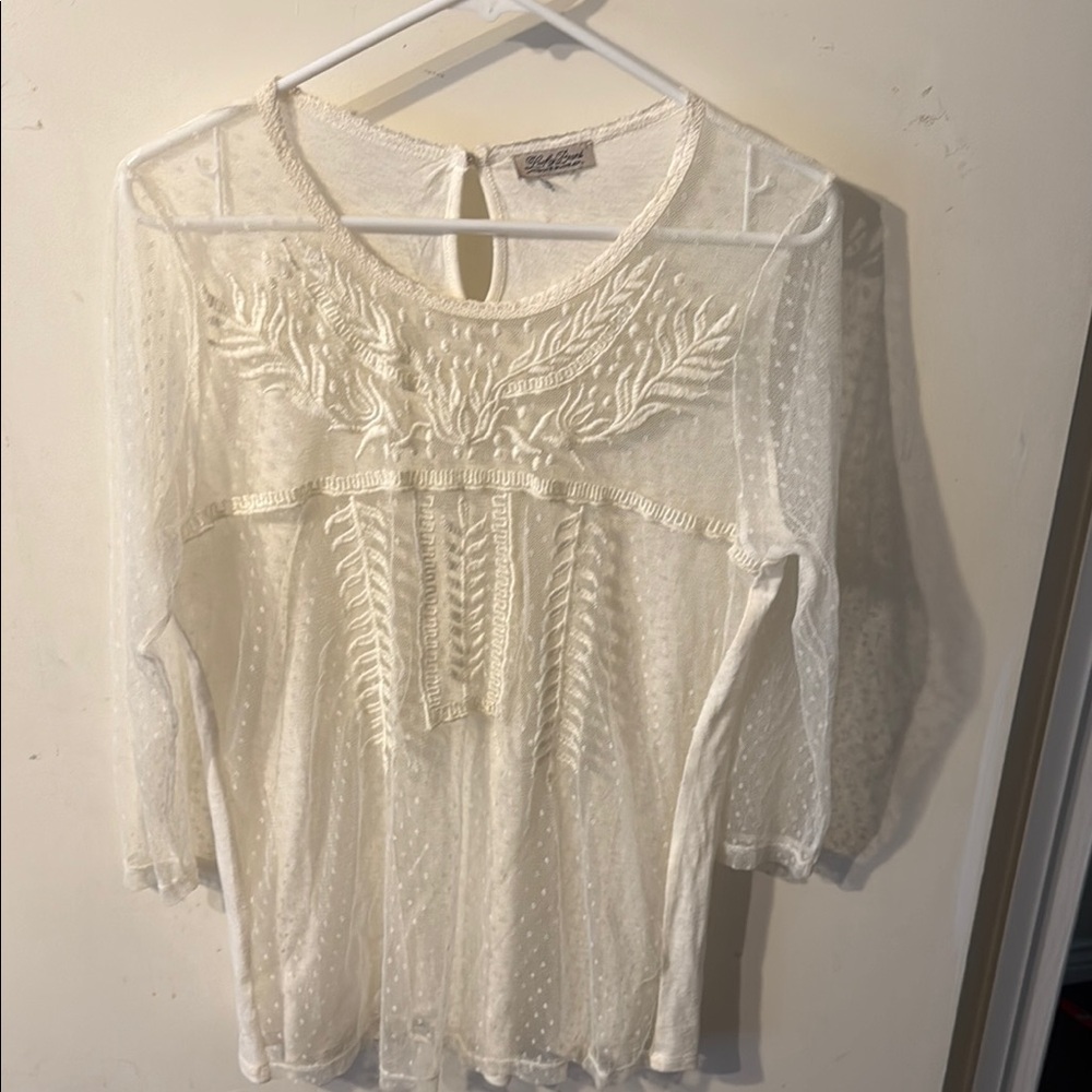 Lucky Brand Embroidered Sheer White Top